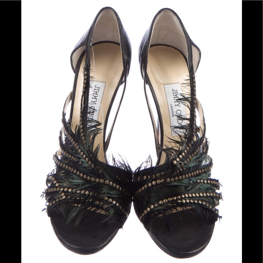 Jimmy Choo Black Feather & Stud Embellished Heels
